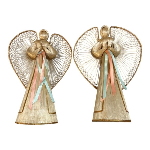 Vintage Straw Angels – 1986 & 1987 Set of 2 Handmade Corn Husk Figurines with Ri - Picture 1 of 7